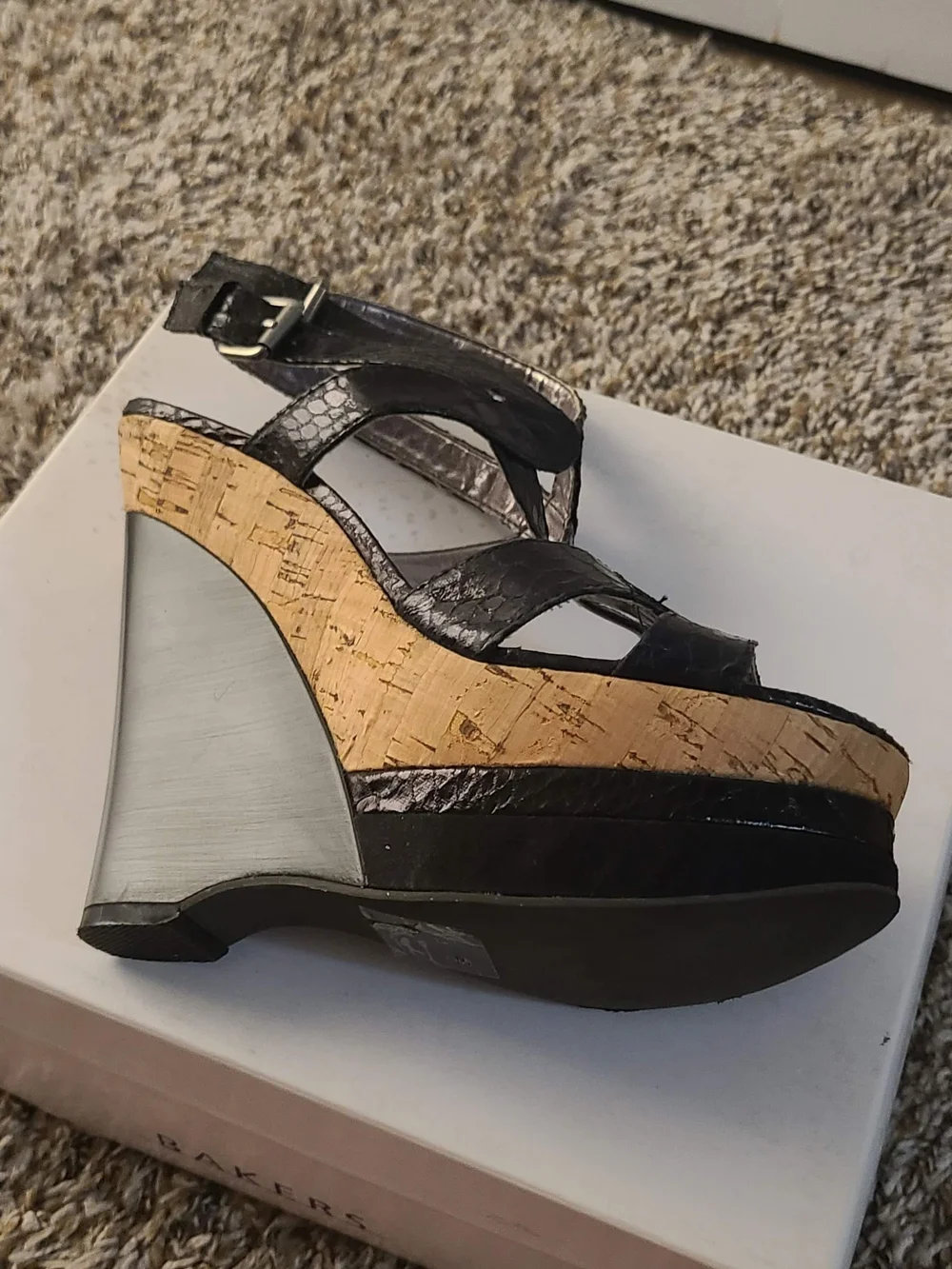 Bakers Black Cork Platform Heels Size 6 Strappy Y2K 6
